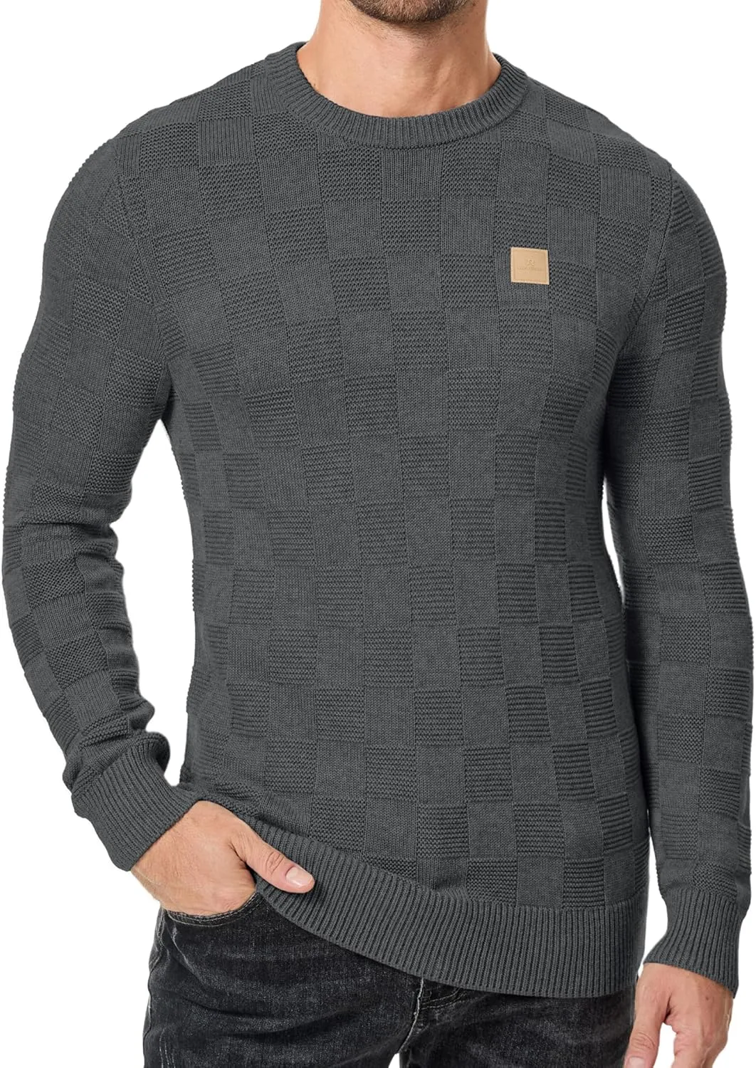 JMIERR Men's Crewneck Sweater Casual Fall Checkered Long Sleeve Knit Pullover Sweaters