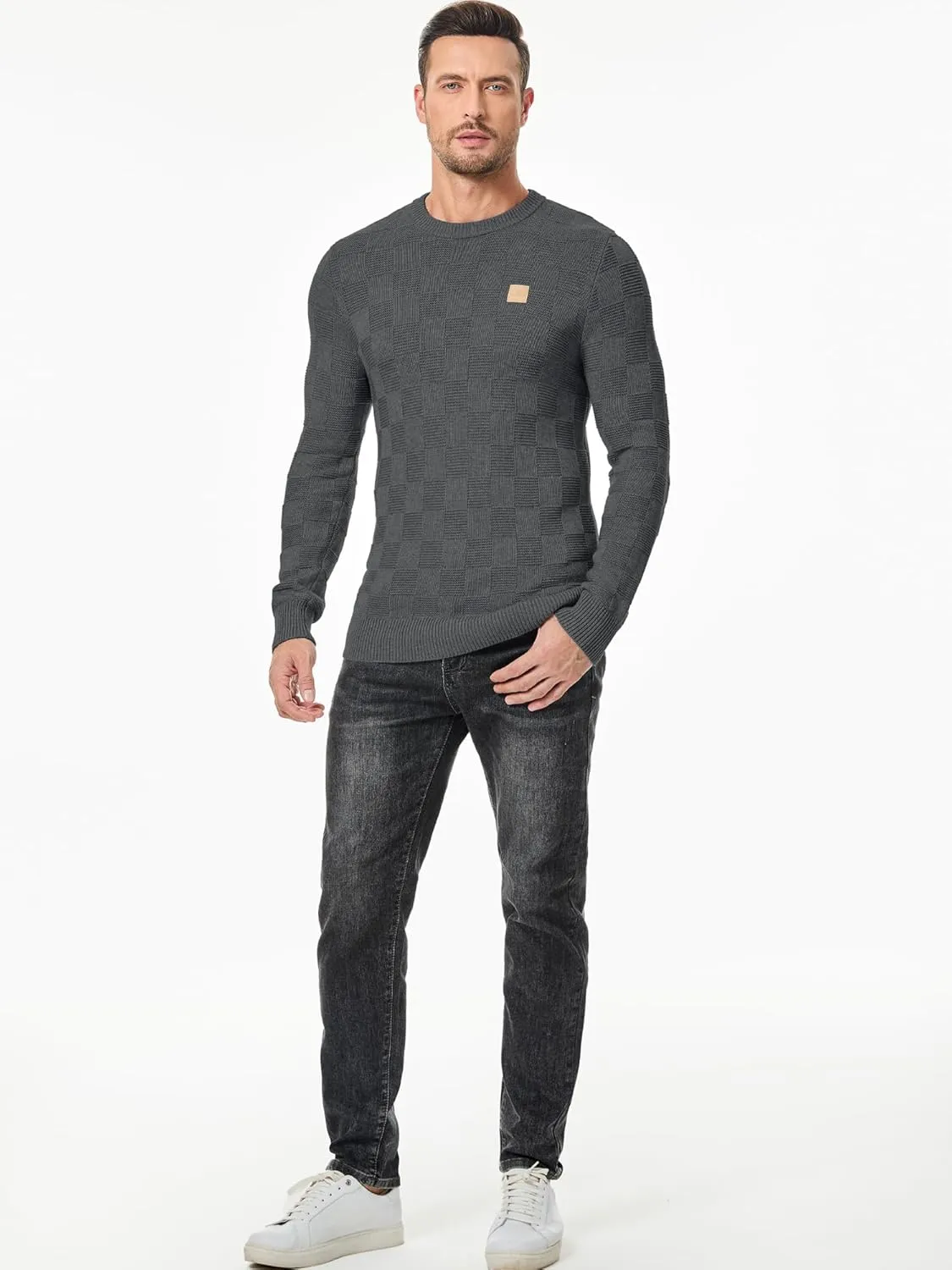 JMIERR Men's Crewneck Sweater Casual Fall Checkered Long Sleeve Knit Pullover Sweaters