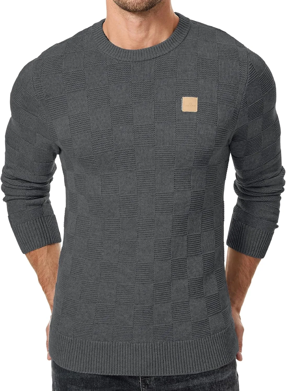 JMIERR Men's Crewneck Sweater Casual Fall Checkered Long Sleeve Knit Pullover Sweaters