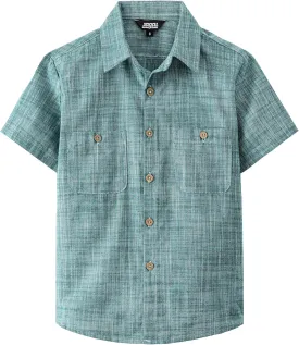 JOGAL Boys Chambray Shirts Short Sleeve Button Down Casual Cotton Woven Shirt with Two Pockets for Kids 6-14 Years