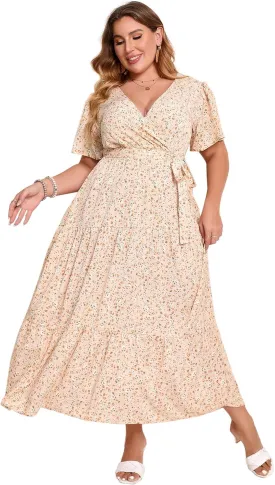 KOJOOIN Women Plus Size V Neck Wrap Maxi Dress Short Sleeves High Waist Ruffle Summer Casual Dress with Belt