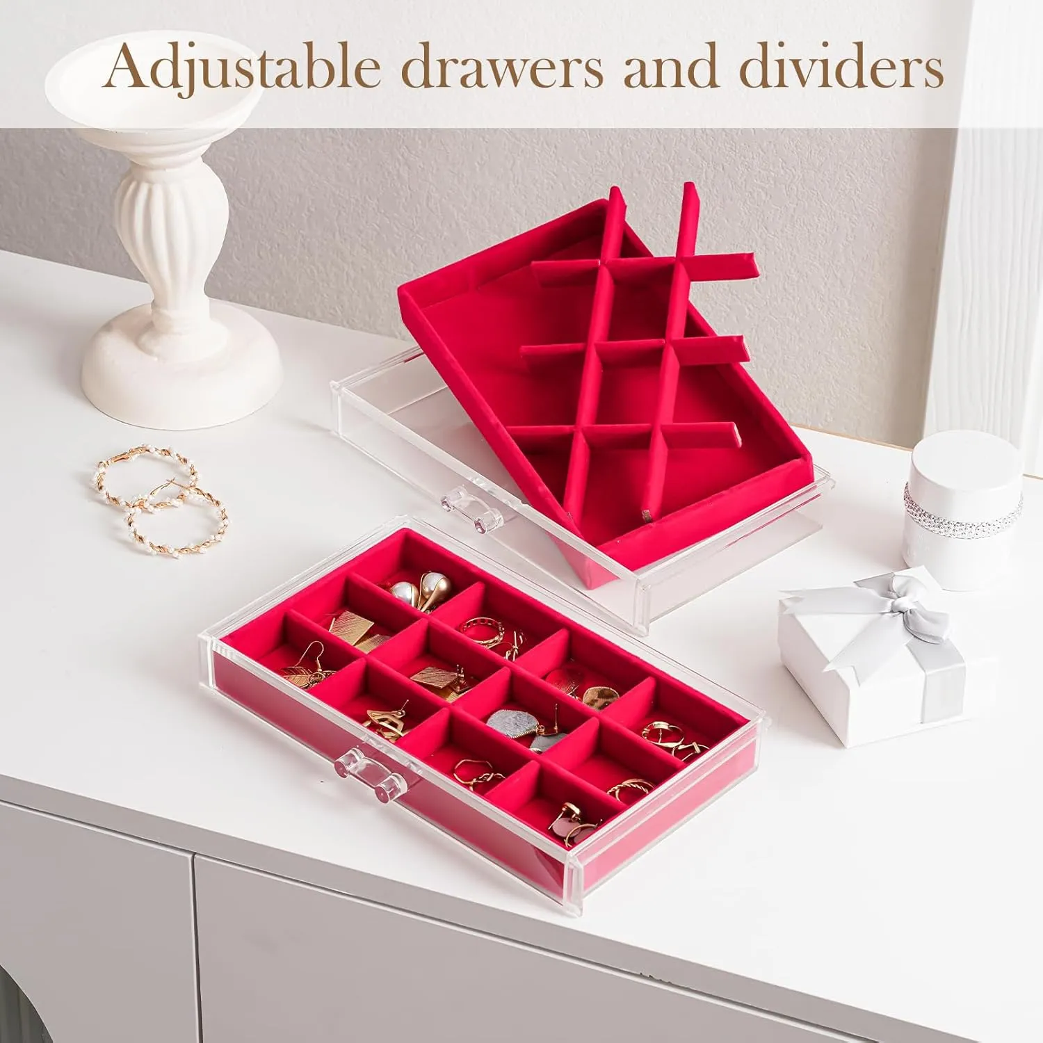 Lolalet Earring Holder Organizer Box Jewelry Storage with 4 Drawers, Clear Acrylic Stackable Earring Case with Adjustable Velvet Trays for Women on Dresser Vanity -Red, 4 Layers