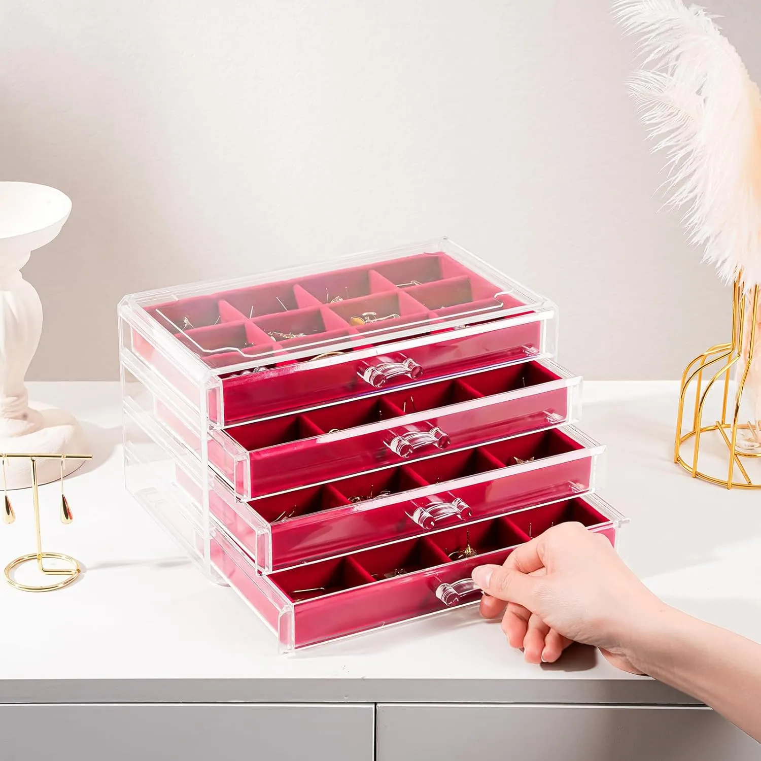Lolalet Earring Holder Organizer Box Jewelry Storage with 4 Drawers, Clear Acrylic Stackable Earring Case with Adjustable Velvet Trays for Women on Dresser Vanity -Red, 4 Layers