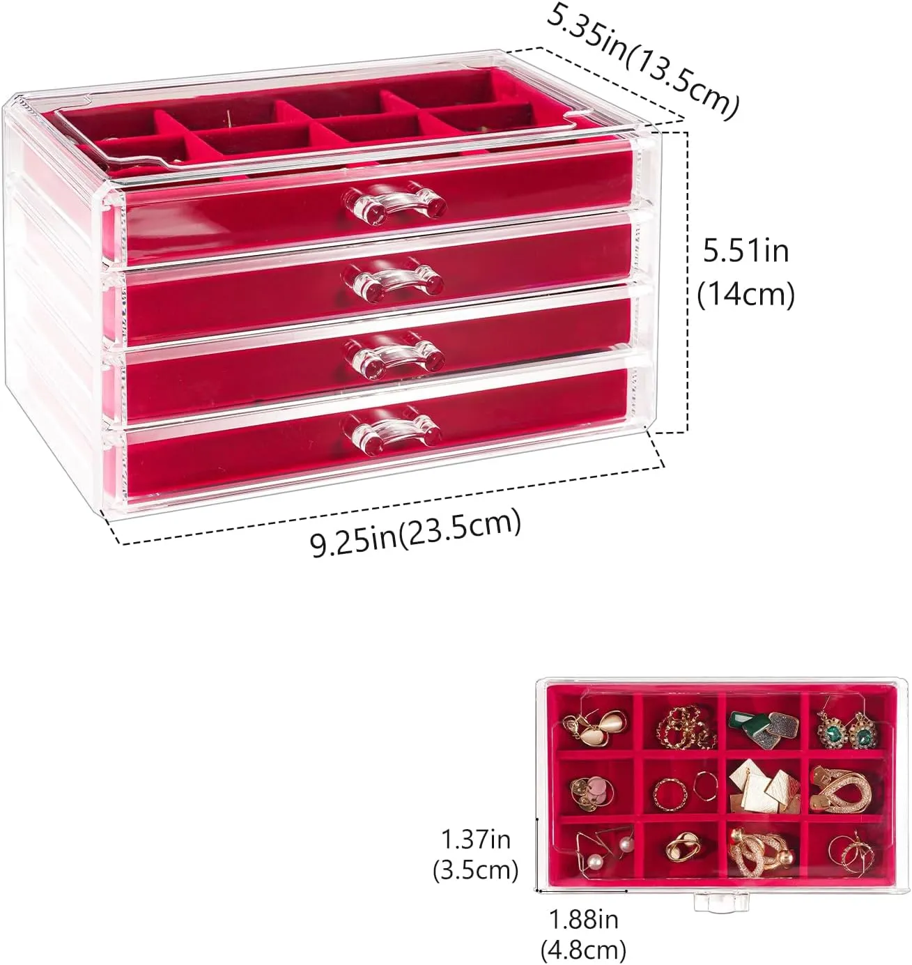 Lolalet Earring Holder Organizer Box Jewelry Storage with 4 Drawers, Clear Acrylic Stackable Earring Case with Adjustable Velvet Trays for Women on Dresser Vanity -Red, 4 Layers