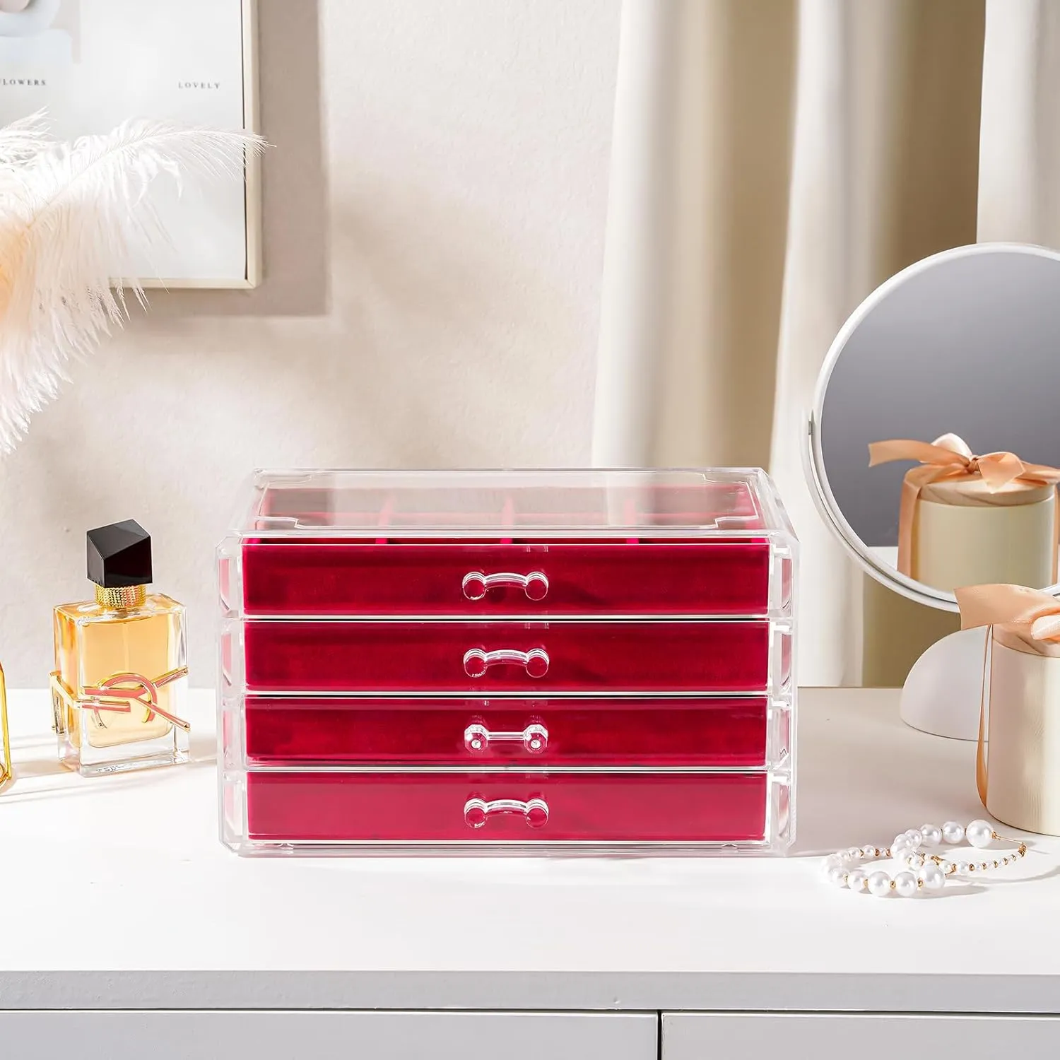 Lolalet Earring Holder Organizer Box Jewelry Storage with 4 Drawers, Clear Acrylic Stackable Earring Case with Adjustable Velvet Trays for Women on Dresser Vanity -Red, 4 Layers