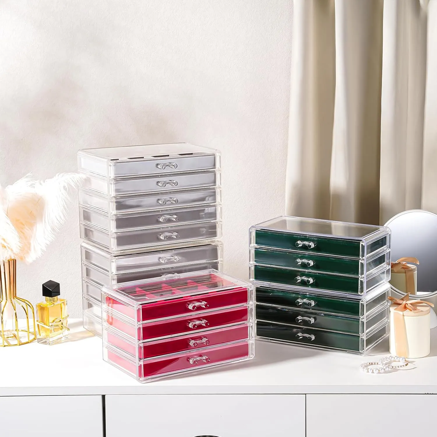Lolalet Earring Holder Organizer Box Jewelry Storage with 4 Drawers, Clear Acrylic Stackable Earring Case with Adjustable Velvet Trays for Women on Dresser Vanity -Red, 4 Layers