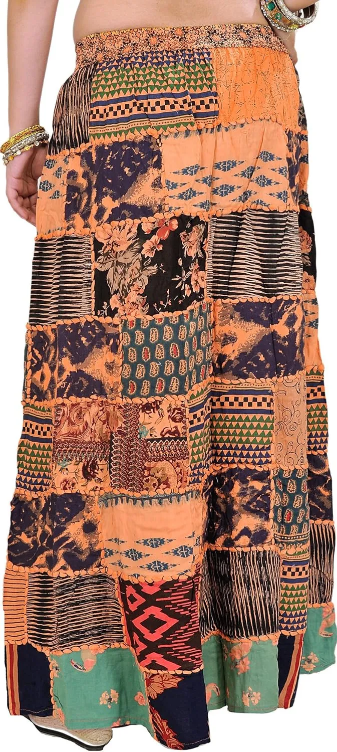 Long Printed Dori Skirt from Gujarat with Patch Work - Rayon