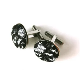 Marang Studios Black Lace Fabric Cuff Links,Men's Wedding Cufflinks,Traditional 13th Anniversary Gifts for Husband,black,white,silver