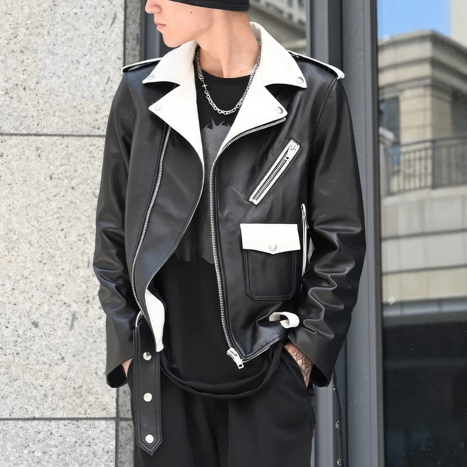 Mens Black Sheepskin Leather Biker Jacket  White Lapel Collar, Asymmetric Zip, Belted Pop Style Slim Fit