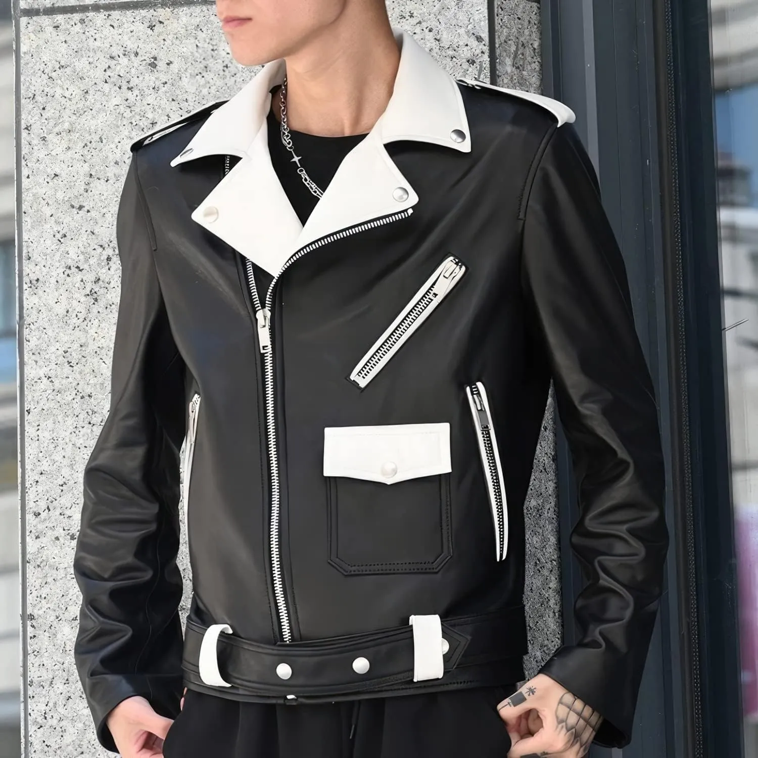 Mens Black Sheepskin Leather Biker Jacket  White Lapel Collar, Asymmetric Zip, Belted Pop Style Slim Fit