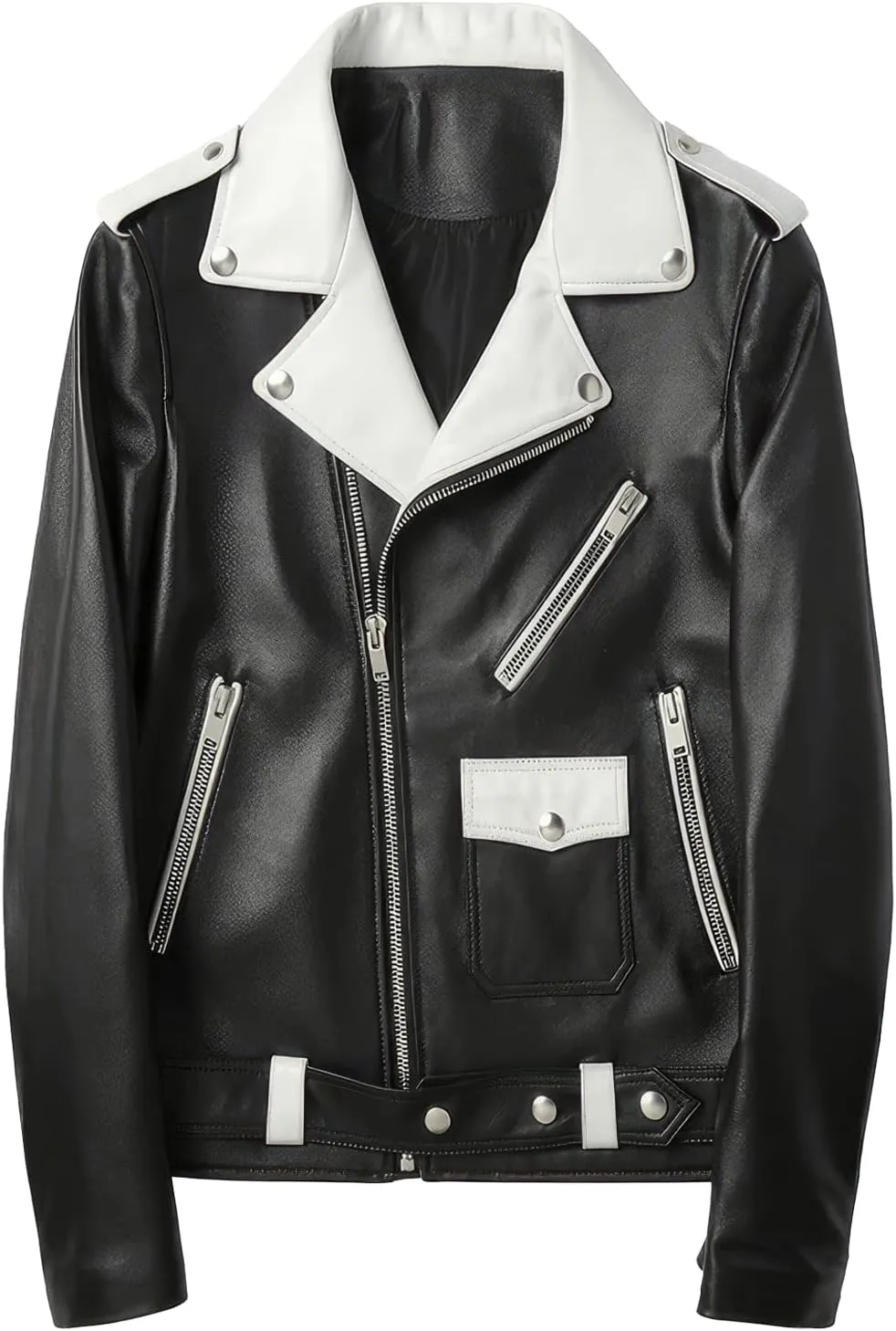 Mens Black Sheepskin Leather Biker Jacket  White Lapel Collar, Asymmetric Zip, Belted Pop Style Slim Fit
