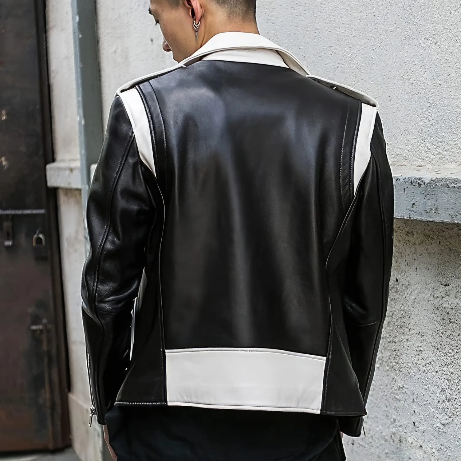 Mens Black Sheepskin Leather Biker Jacket  White Lapel Collar, Asymmetric Zip, Belted Pop Style Slim Fit