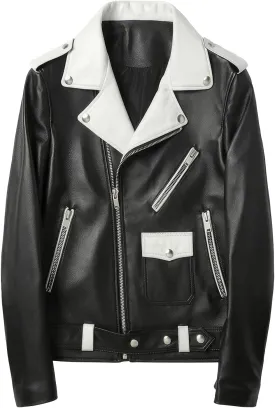 Mens Black Sheepskin Leather Biker Jacket  White Lapel Collar, Asymmetric Zip, Belted Pop Style Slim Fit