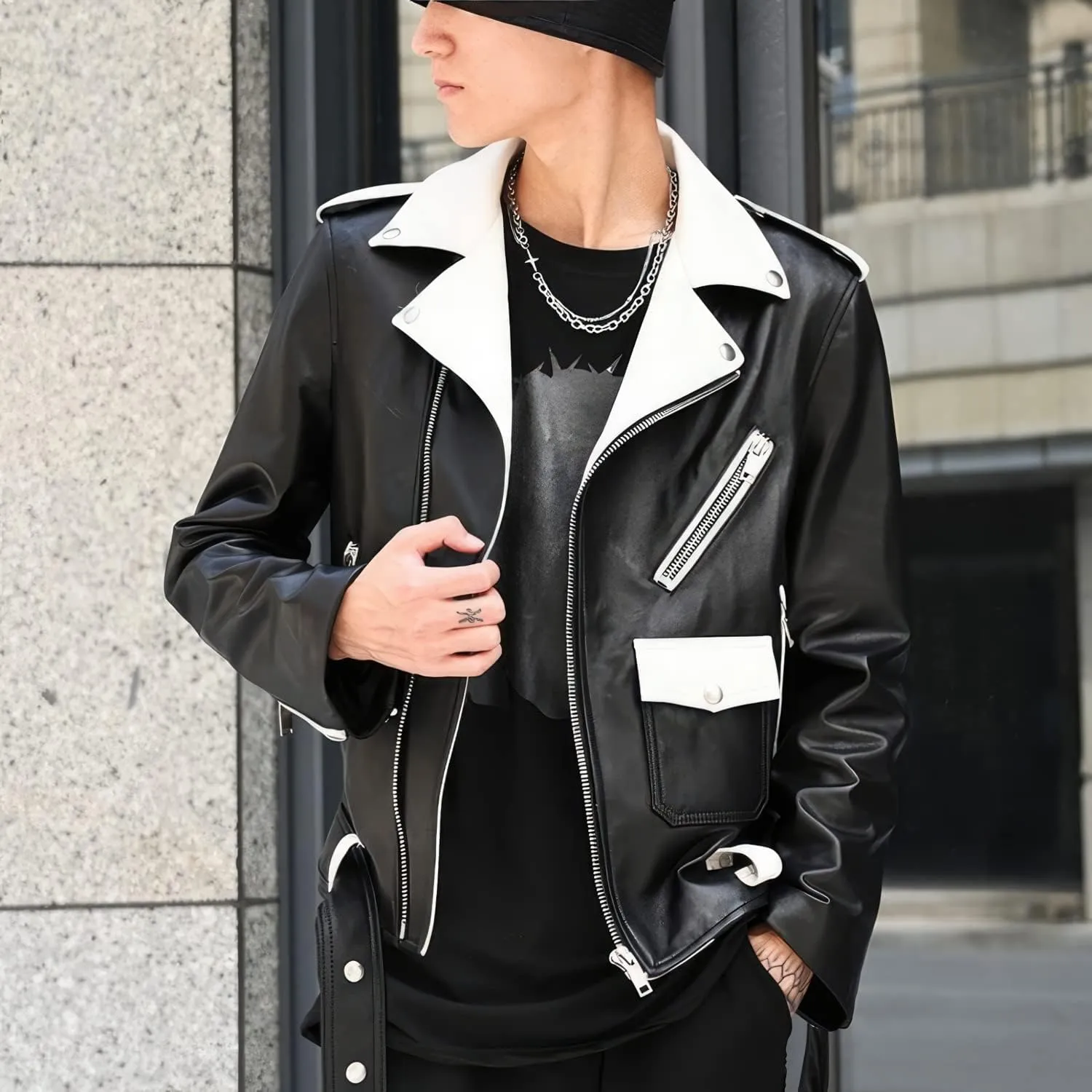 Mens Black Sheepskin Leather Biker Jacket  White Lapel Collar, Asymmetric Zip, Belted Pop Style Slim Fit