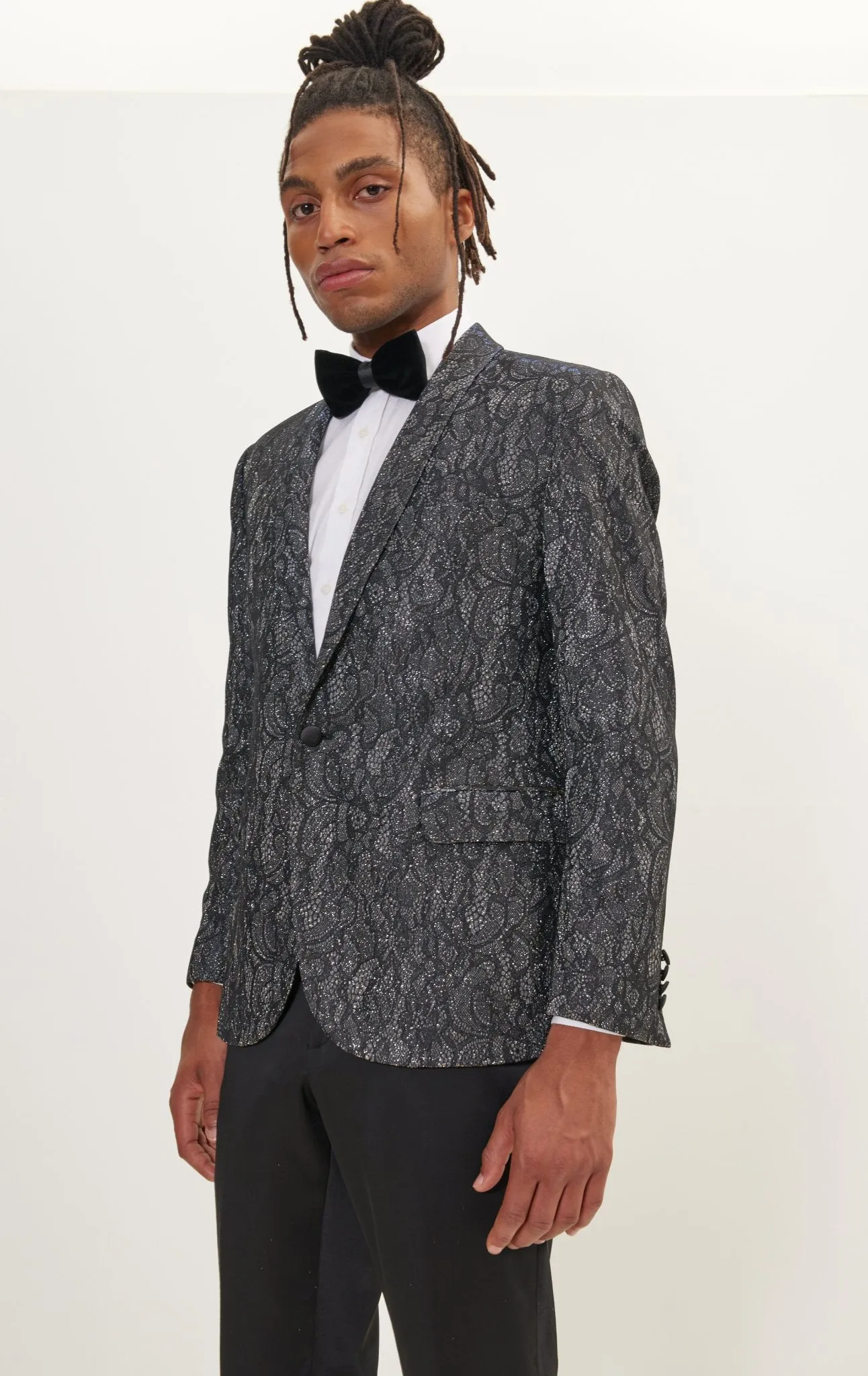 Metallic Lace Paisley Shawl Lapel Tuxedo Jacket -  Cobalt Black
