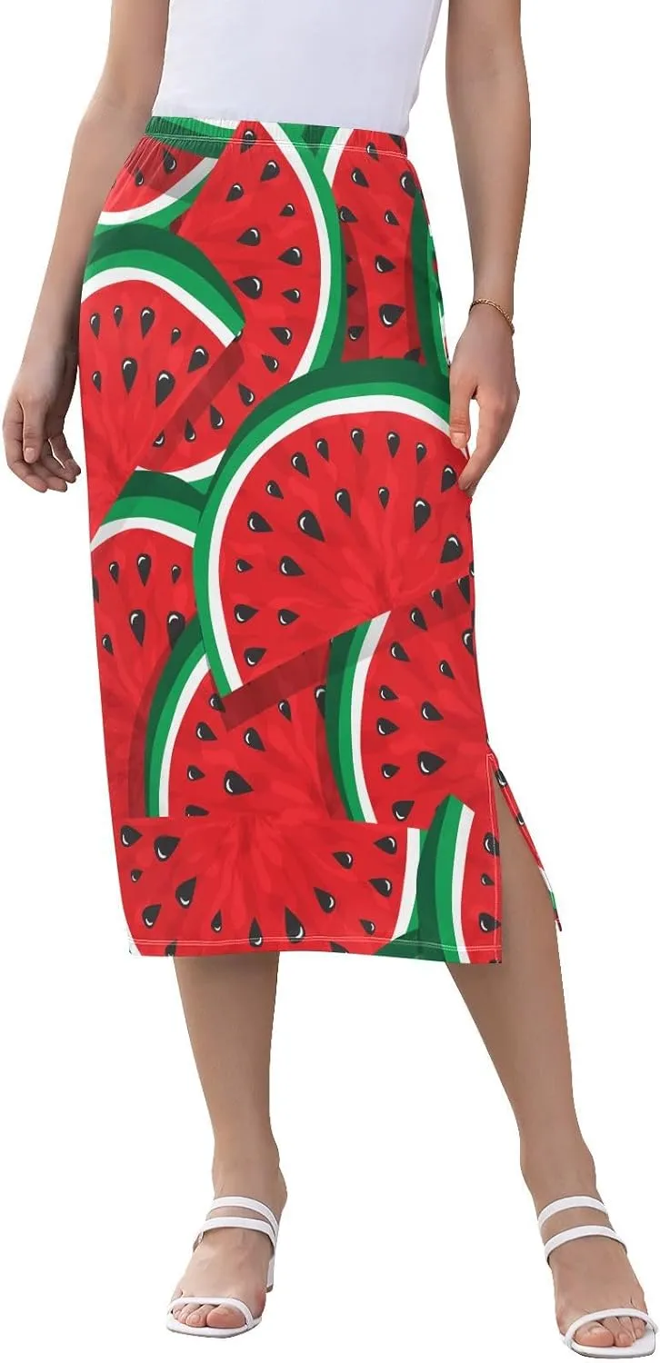 Natural Women Midi Skirt Green Red Watermelon Casual Side Slit Summer Skirt S-XXL