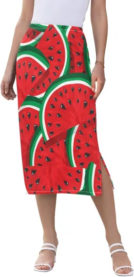 Natural Women Midi Skirt Green Red Watermelon Casual Side Slit Summer Skirt S-XXL