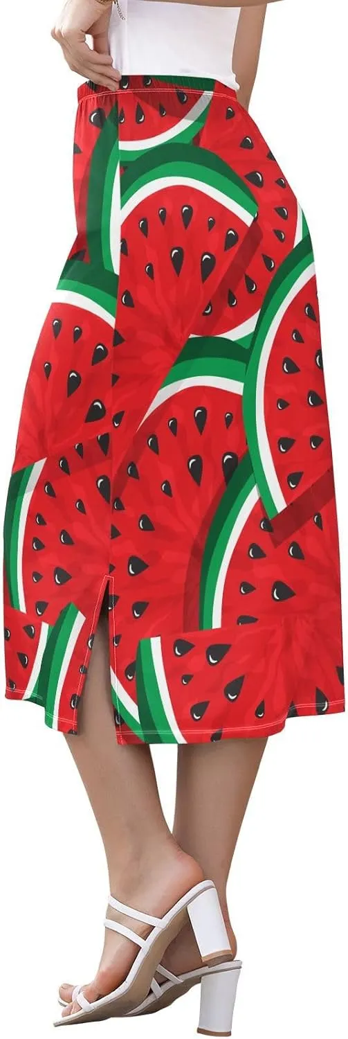 Natural Women Midi Skirt Green Red Watermelon Casual Side Slit Summer Skirt S-XXL