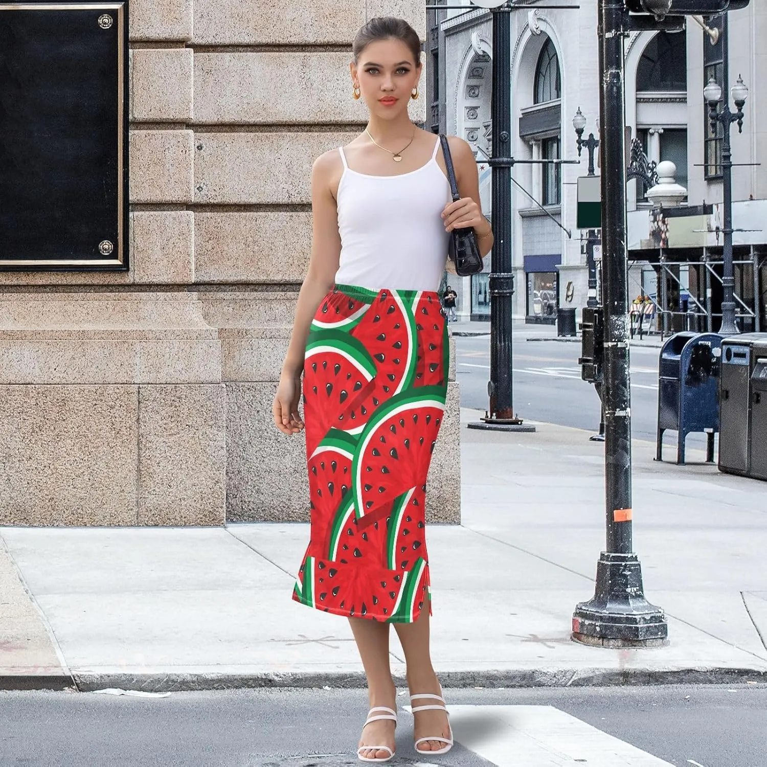 Natural Women Midi Skirt Green Red Watermelon Casual Side Slit Summer Skirt S-XXL