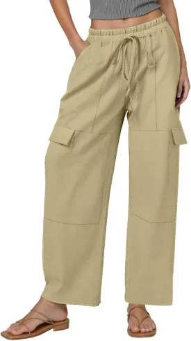 Petite Linen Pants for Women High Waist Drawstring Pants with Cotton Loose Casual Boho Trouser with Pockets