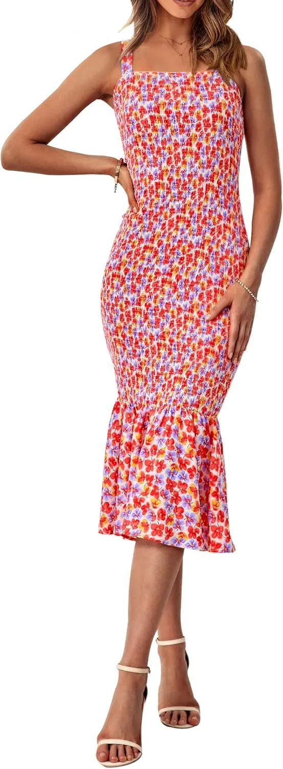 PRETTYGARDEN Women's Summer Floral Midi Tank Dress Sleeveless Strappy Ruffle Hem Smocked Bodycon Dresses