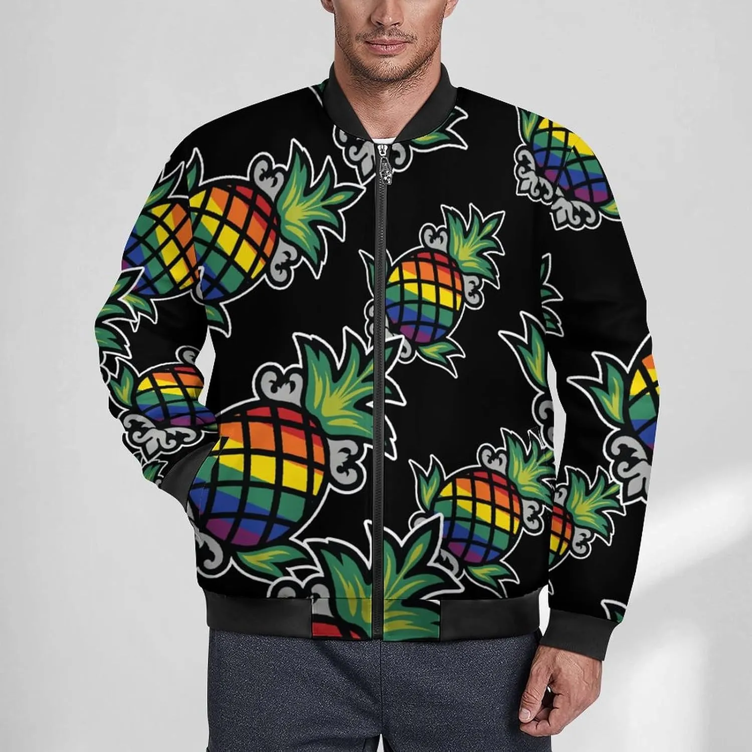 Rainbow Pineapple Men's Bomber Jacket Lightweight Windbreaker Fashion Spring Fall Coats Casual Jackets for Men