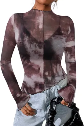 Remidoo Women's Mesh Top Long Sleeve Sheer Asymmetrical Crop Tops Patchwork Shirt Green Red Medium