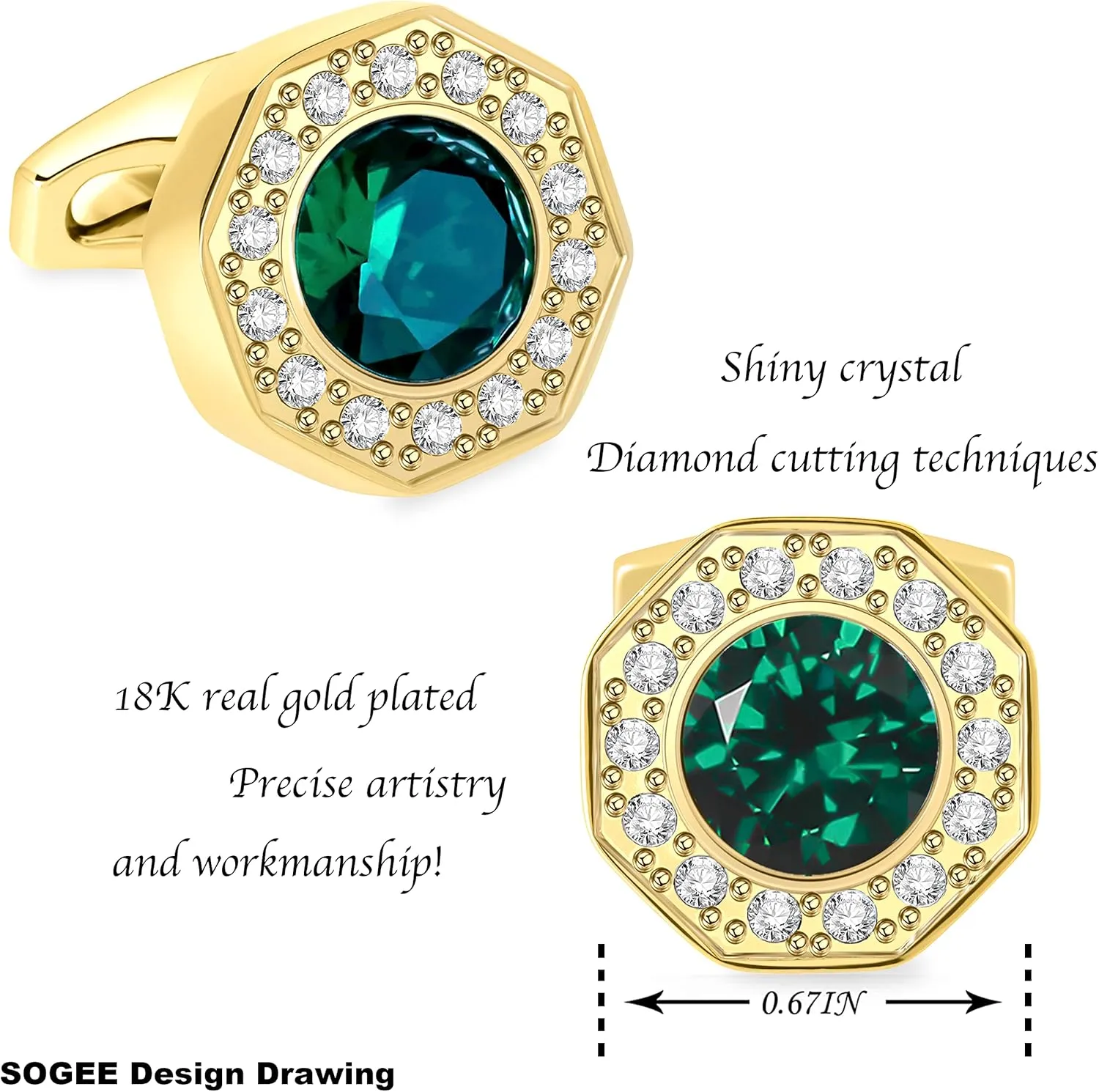 Sogee Crystal Cufflinks for Men Blue/Green/Pink/Purple/Red/White/Colorful Real Gold Plated Elegant Mens Cuff Links for Wedding Party Unique Gift