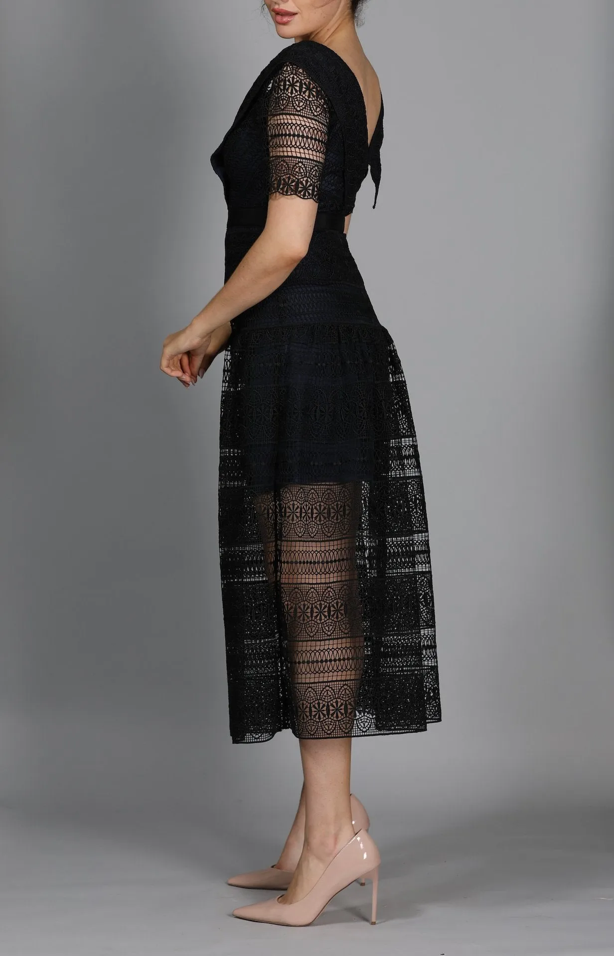 Spiral Panel Lace Midi Dress