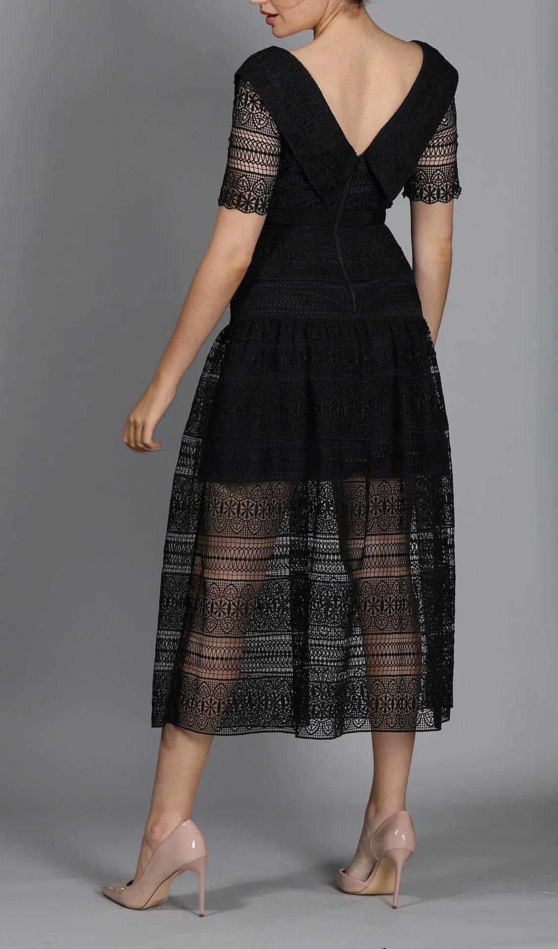 Spiral Panel Lace Midi Dress