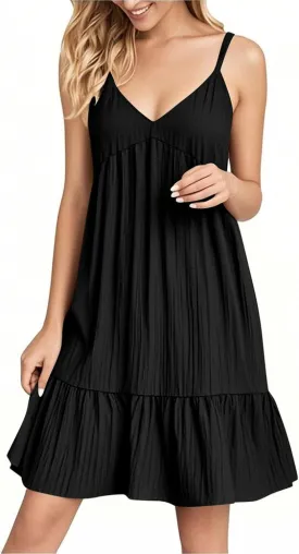 Sundresses for Women 2025 Vacation Outfits V Neck Spaghetti Strap Mini Dress Pleated Ruffle Flowy Summer Dresses