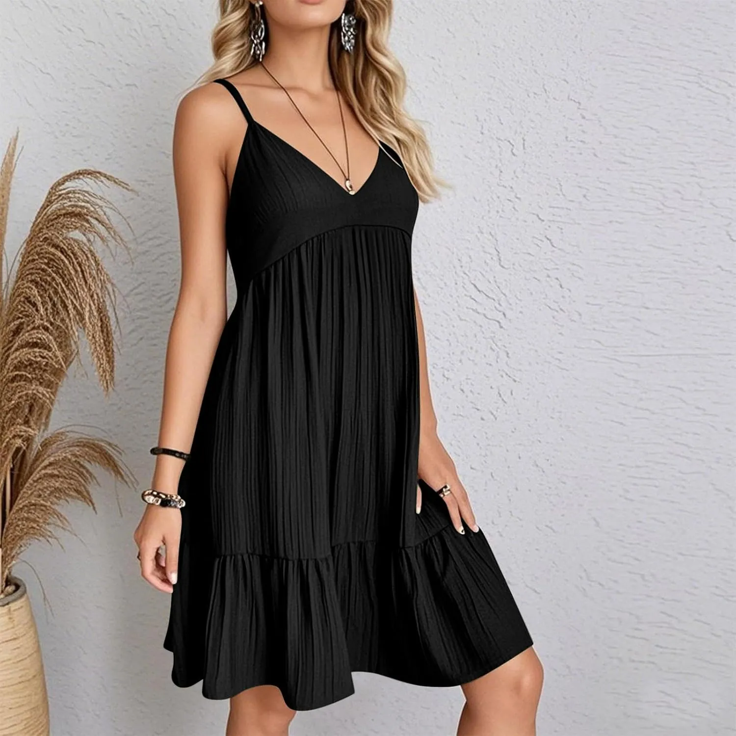Sundresses for Women 2025 Vacation Outfits V Neck Spaghetti Strap Mini Dress Pleated Ruffle Flowy Summer Dresses