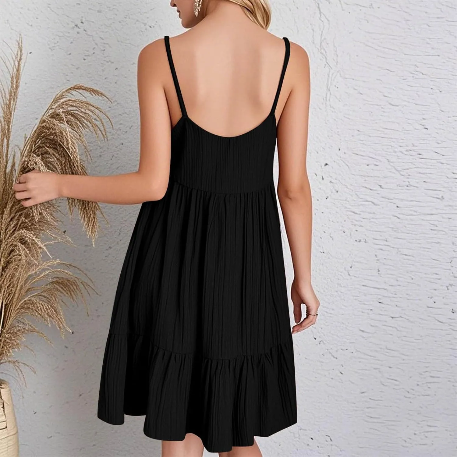 Sundresses for Women 2025 Vacation Outfits V Neck Spaghetti Strap Mini Dress Pleated Ruffle Flowy Summer Dresses