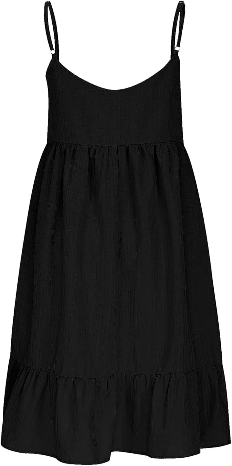 Sundresses for Women 2025 Vacation Outfits V Neck Spaghetti Strap Mini Dress Pleated Ruffle Flowy Summer Dresses