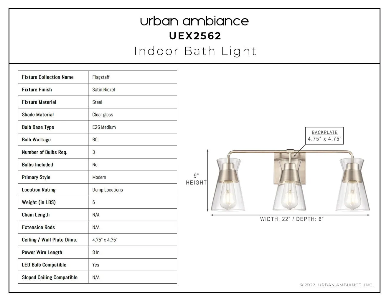 UEX2562 Modern Bath Light 9''H x 22''W, Satin Nickel Finish, Flagstaff Collection