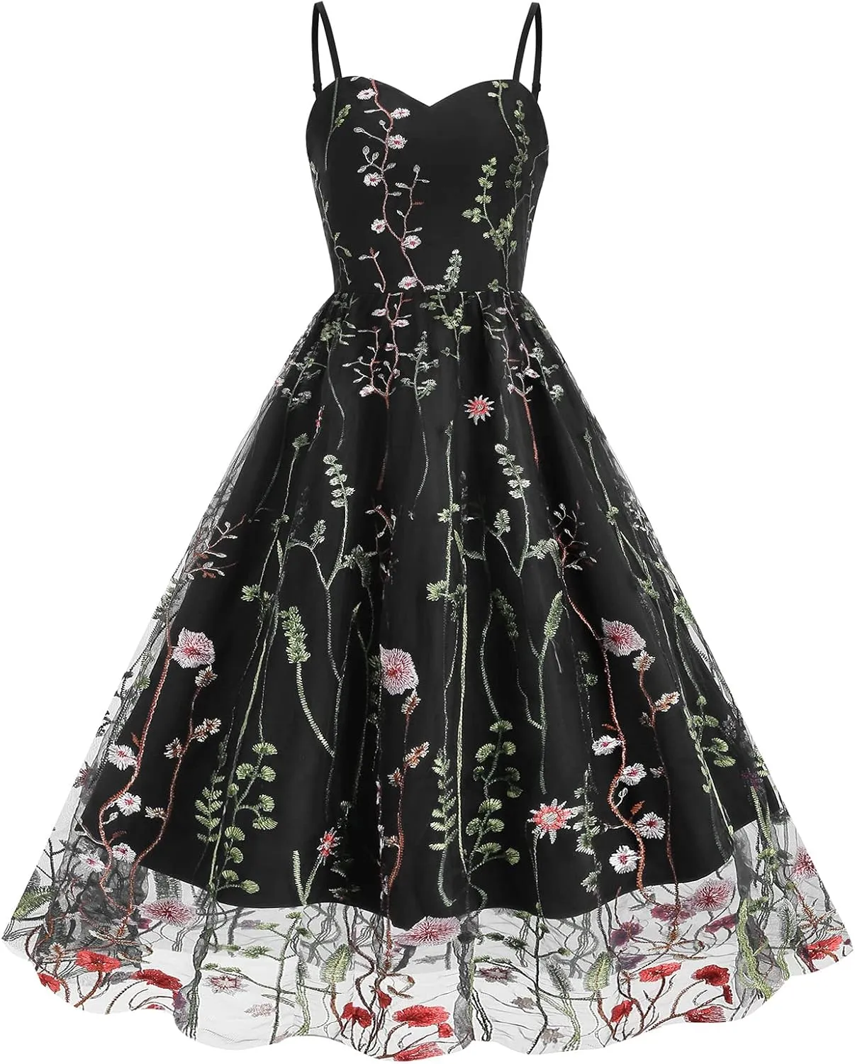 Women Keyhole Floral Embroidery Dress Sheer Mesh Illusion Vintage Cocktail Swing Dress Wedding Party Prom Tulle Evening Dress