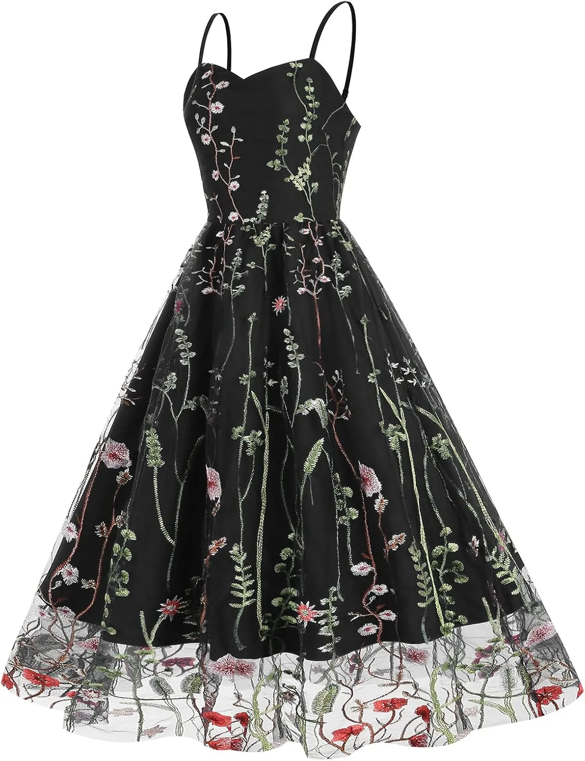 Women Keyhole Floral Embroidery Dress Sheer Mesh Illusion Vintage Cocktail Swing Dress Wedding Party Prom Tulle Evening Dress