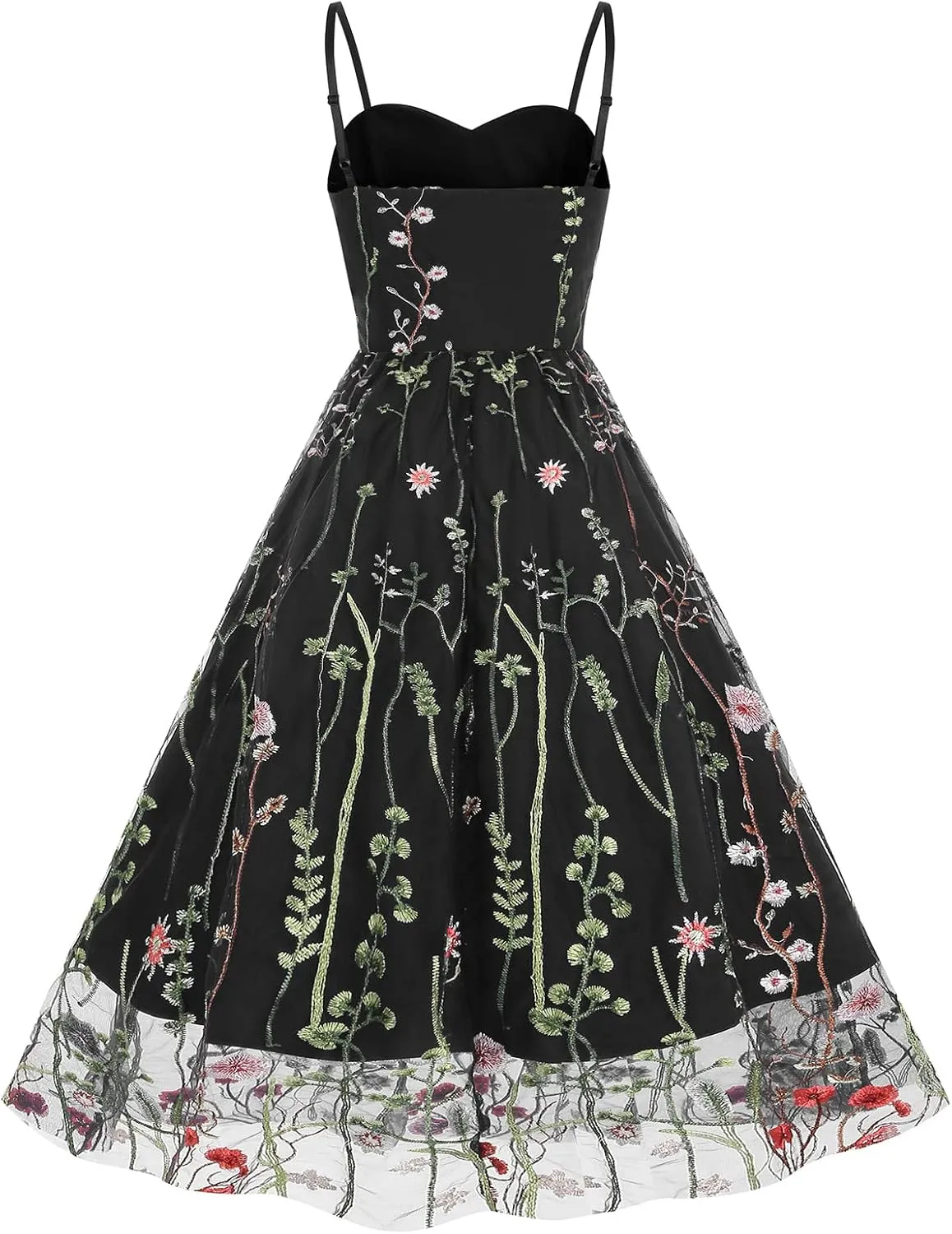 Women Keyhole Floral Embroidery Dress Sheer Mesh Illusion Vintage Cocktail Swing Dress Wedding Party Prom Tulle Evening Dress