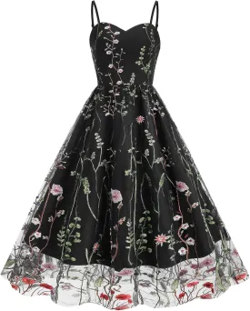 Women Keyhole Floral Embroidery Dress Sheer Mesh Illusion Vintage Cocktail Swing Dress Wedding Party Prom Tulle Evening Dress