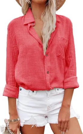 Womens Button Down Shirts Cotton Dress Shirt Long Sleeve Oversized Boyfriend Solid Tunic Tops with Pockets - Red XL