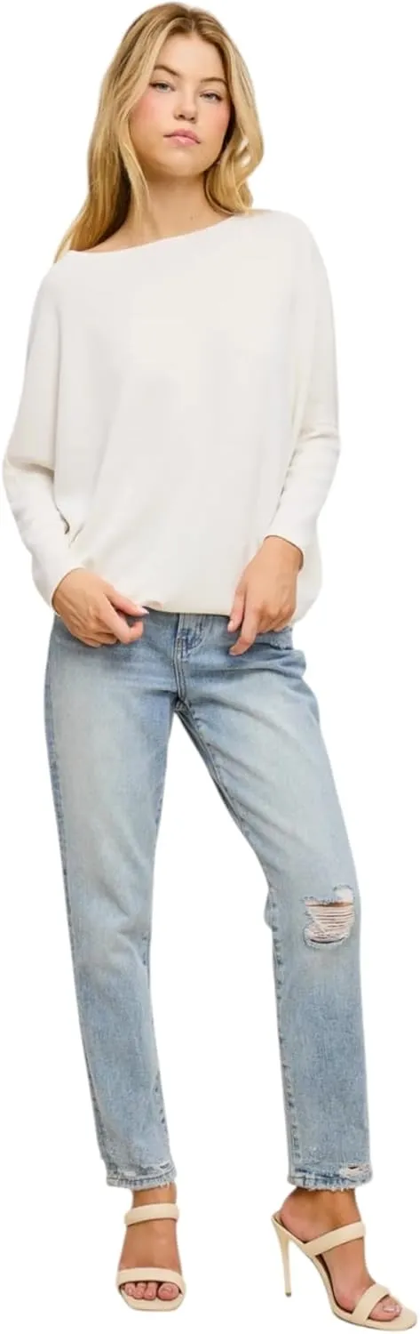 Women's Dolman Long Sleeve, Batwing, Ultra Soft Scuba, Boat Neck Top-Black, Rust, White, Olive, Navy, Heather Gray, Graphite