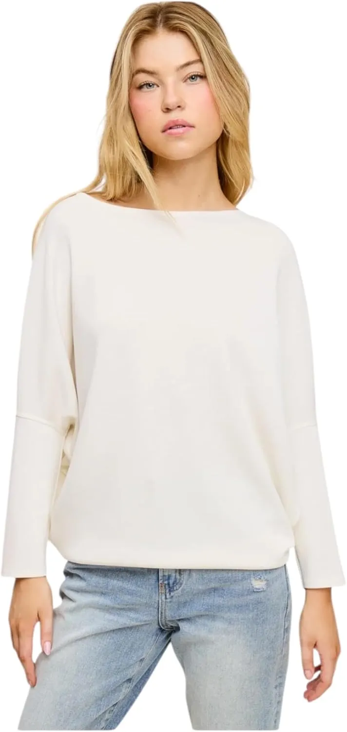 Women's Dolman Long Sleeve, Batwing, Ultra Soft Scuba, Boat Neck Top-Black, Rust, White, Olive, Navy, Heather Gray, Graphite