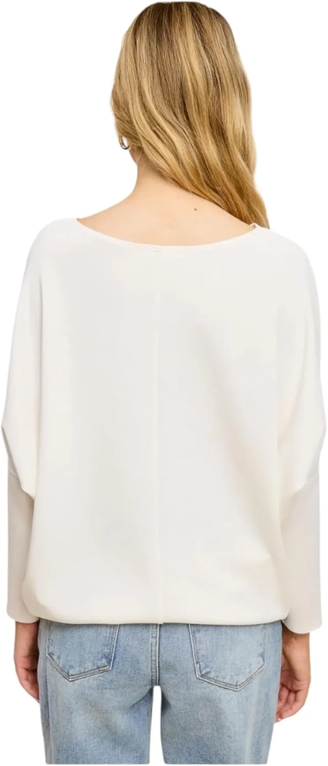 Women's Dolman Long Sleeve, Batwing, Ultra Soft Scuba, Boat Neck Top-Black, Rust, White, Olive, Navy, Heather Gray, Graphite