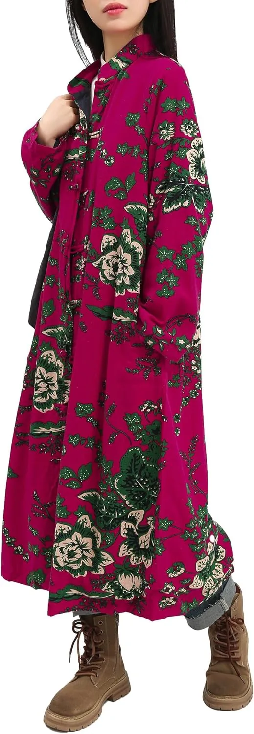 Women's Floral Print Long Trench Coat Casual Cotton Linen Jacket with Pockets Boho retro Outerwear Plus Size