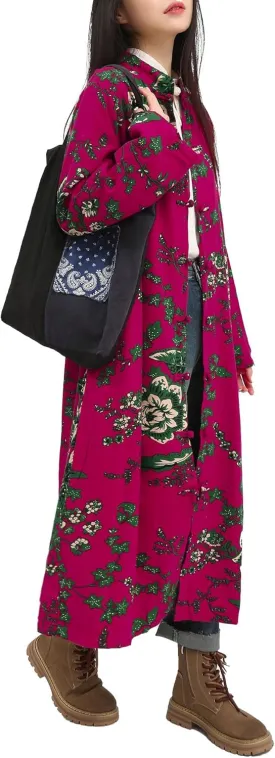 Women's Floral Print Long Trench Coat Casual Cotton Linen Jacket with Pockets Boho retro Outerwear Plus Size