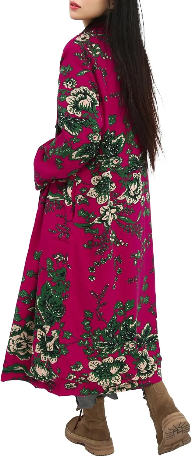 Women's Floral Print Long Trench Coat Casual Cotton Linen Jacket with Pockets Boho retro Outerwear Plus Size