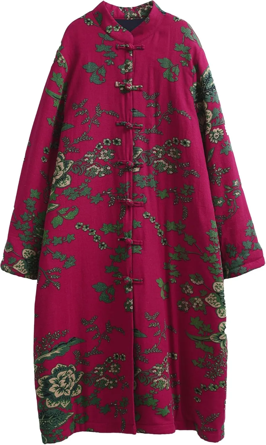 Women's Floral Print Long Trench Coat Casual Cotton Linen Jacket with Pockets Boho retro Outerwear Plus Size
