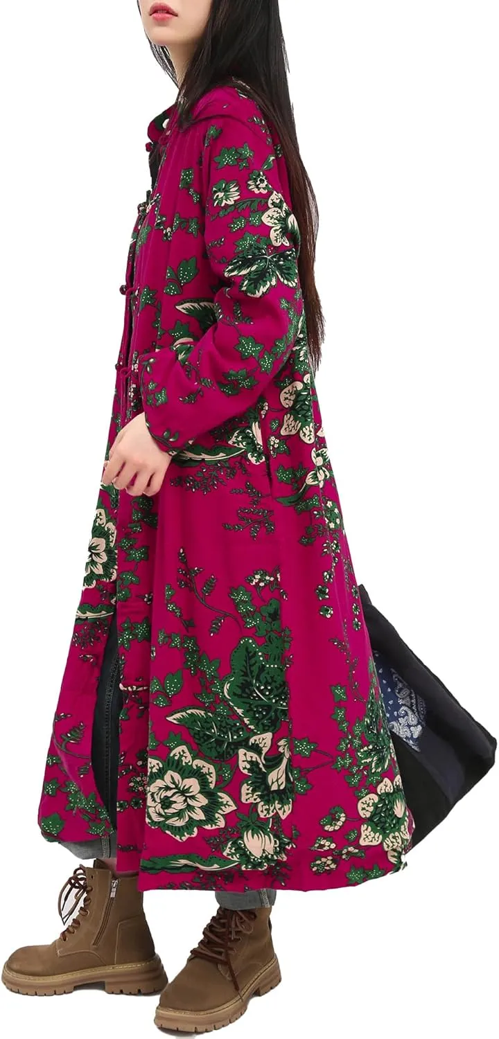Women's Floral Print Long Trench Coat Casual Cotton Linen Jacket with Pockets Boho retro Outerwear Plus Size