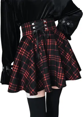 Women's High Waisted Short A-line Flare Gothic Mini Black Red Plaid Pleated Skirt Dress