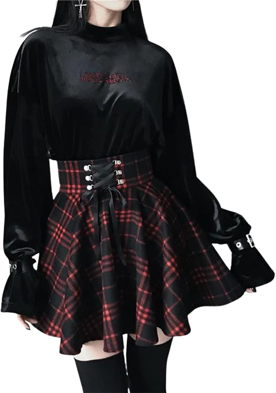 Women's High Waisted Short A-line Flare Gothic Mini Black Red Plaid Pleated Skirt Dress